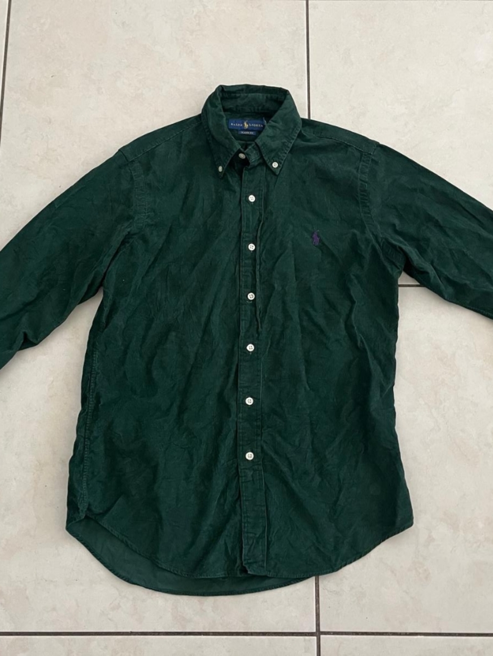 Ralph Lauren Dark Green corduroy, Button-Down Shirt with Purple Pony ,used - Picture 2 of 2